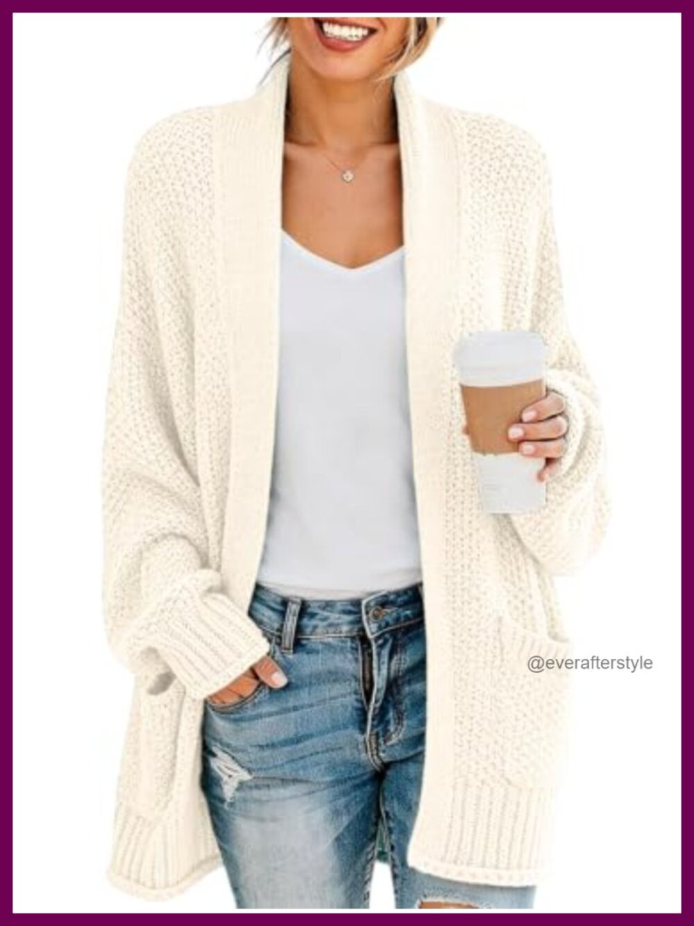 Womens Open Front Cardigan Chunky Long Sleeve Loose Fit Sweater Coat Pockets